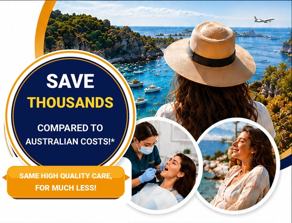 Dental travel coastal scene with savings and clinic support imagery